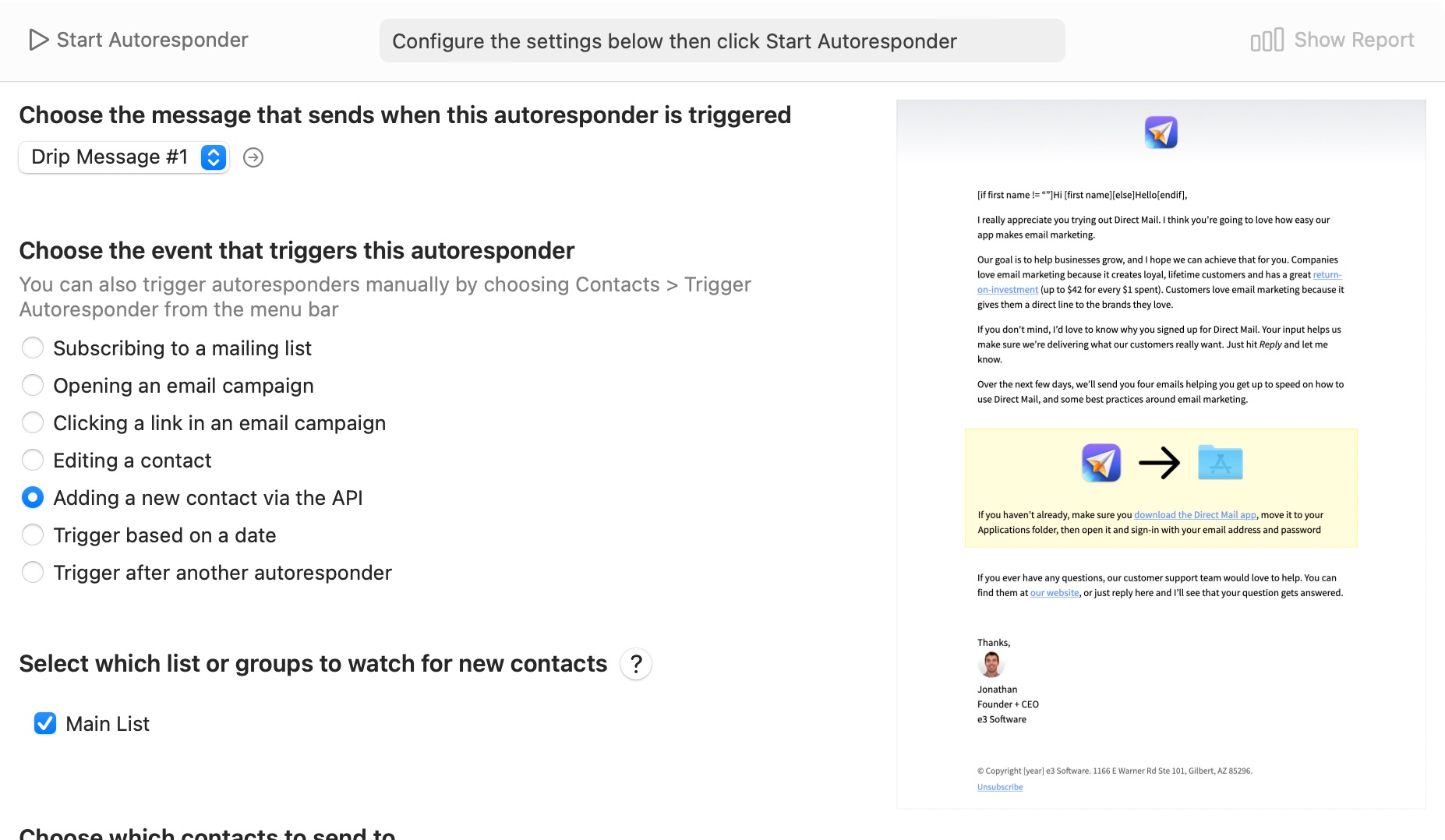 Screenshot of the autoresponder window in Direct Mail