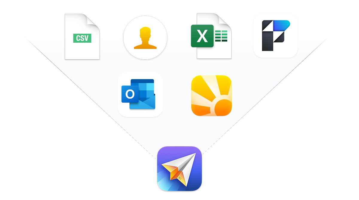 Icons or logos of apps and file formats that Direct Mail can import