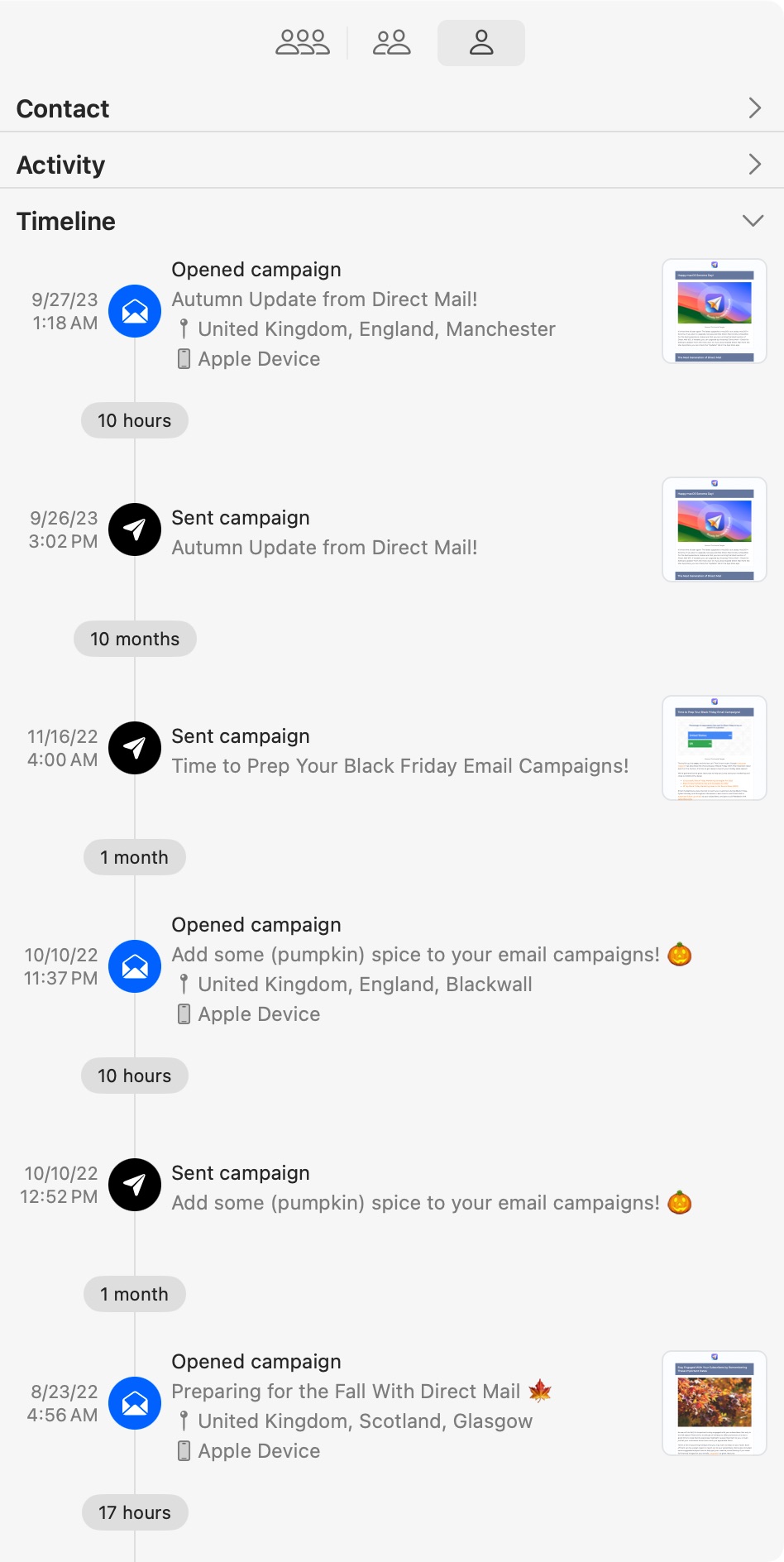 A screenshot of a contact’s activity timeline in Direct Mail