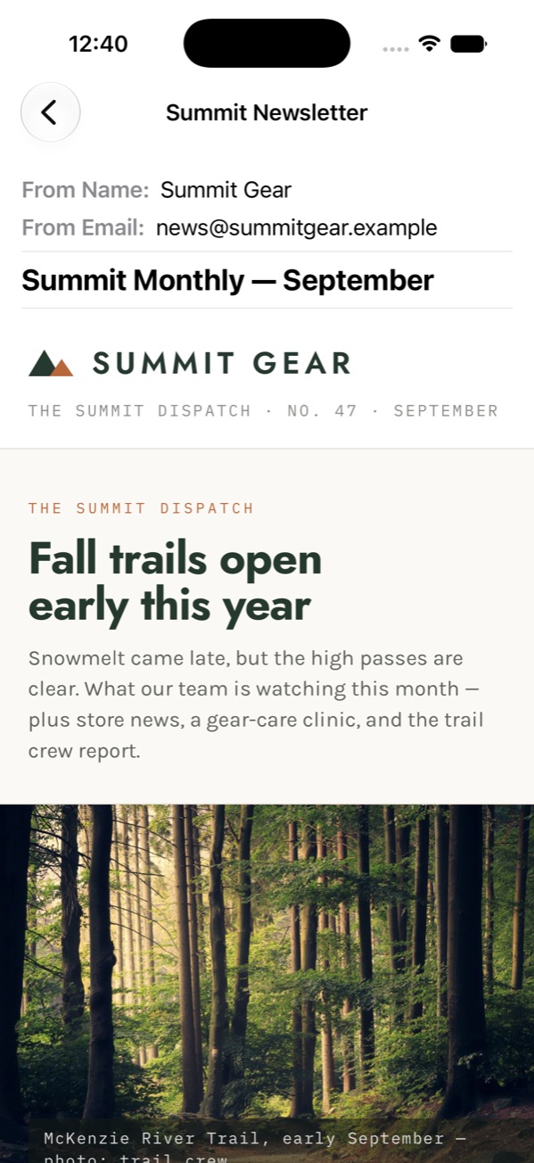 An email message rendered in Direct Mail for iOS