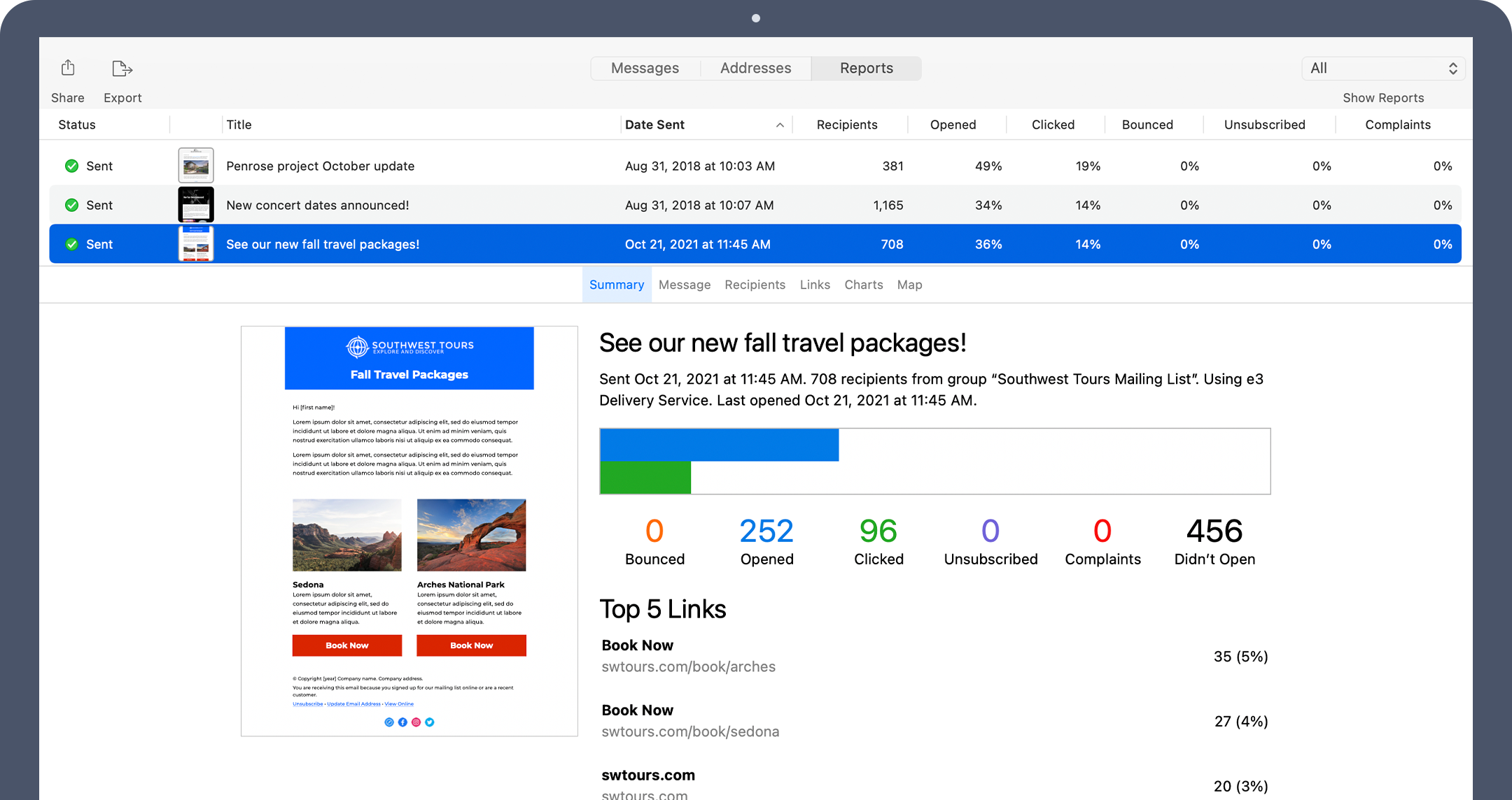 Email campaign report dashboard in Direct Mail