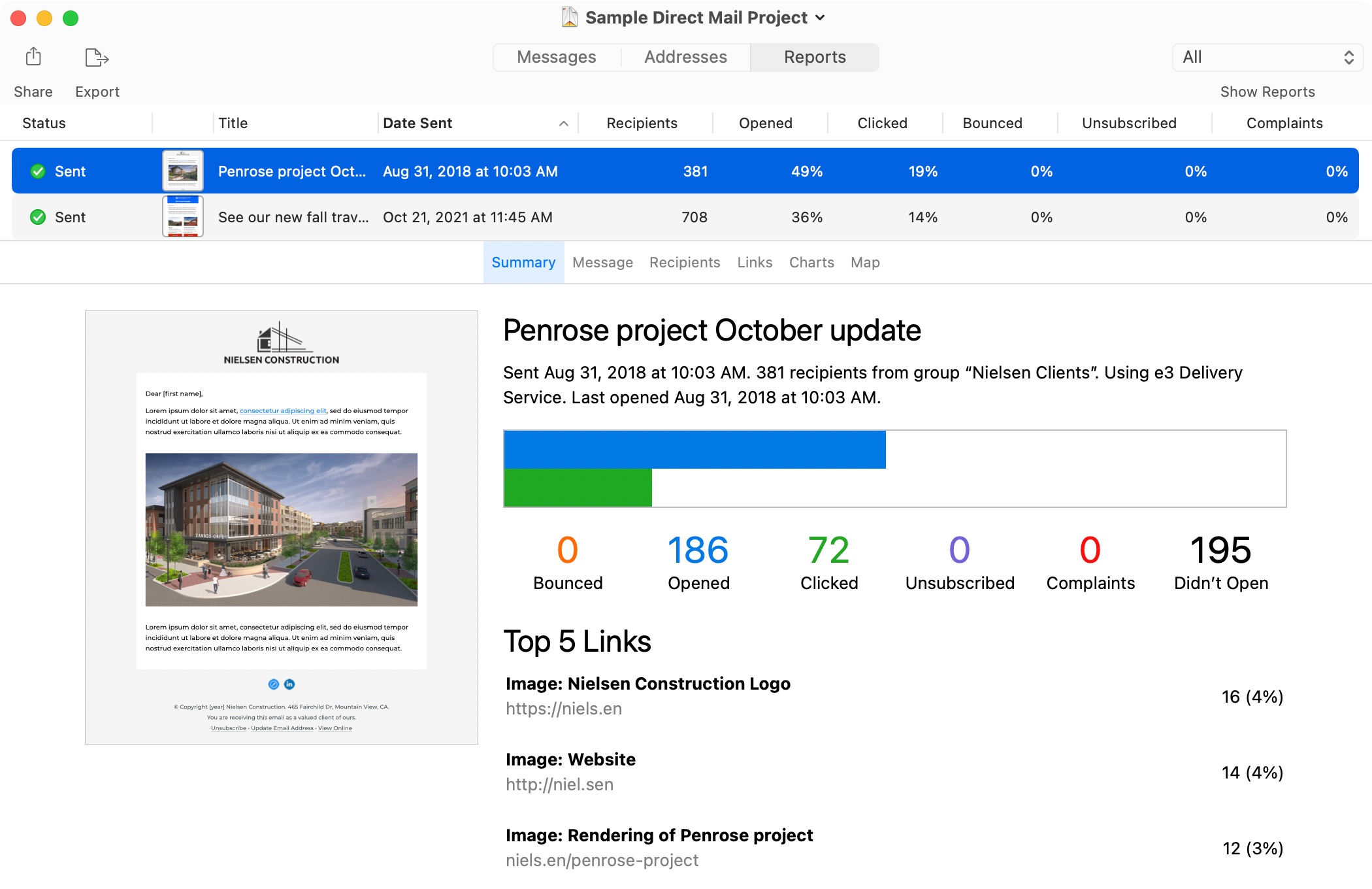 Comparing email campaign reports in Direct Mail